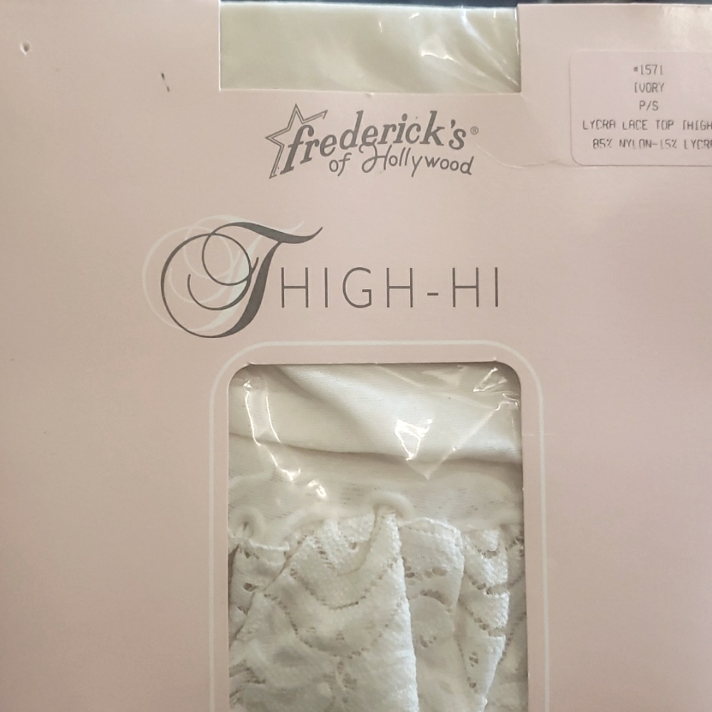 Vintage Frederick's of Hollywood ivory nylon thigh hi stockings NOS lacy small